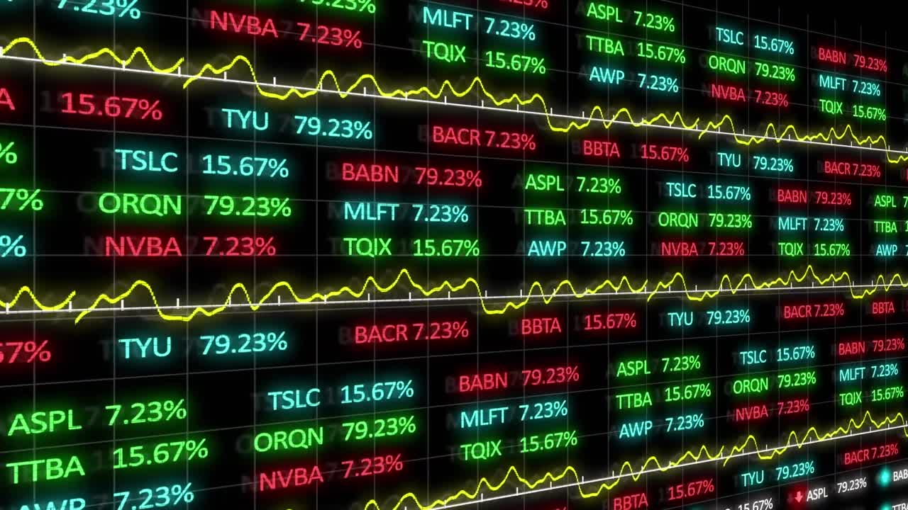 Digital animation of stock market data processing against black background