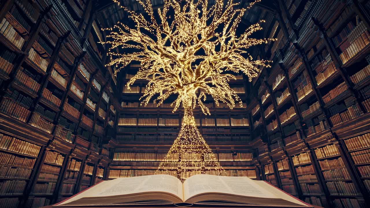 A magical library scene with a glowing tree emerging from an open book
