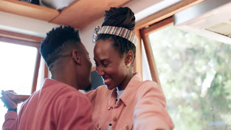 kitchen, holding hands and happy black couple hug