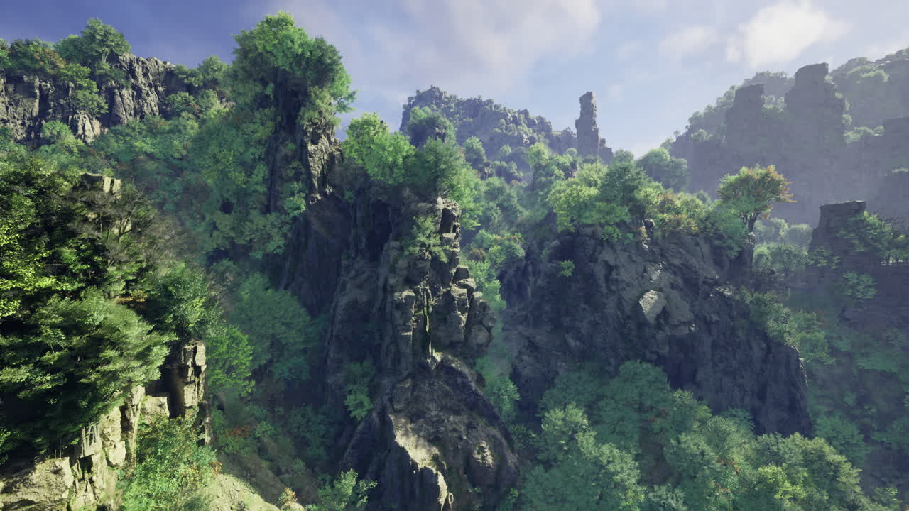 Green rocky landscape with tall trees under bright sky in a natural setting