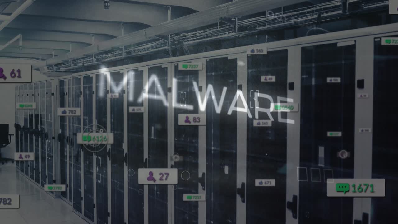 animación de texto de malware y procesamiento de datos en la sala del servidor