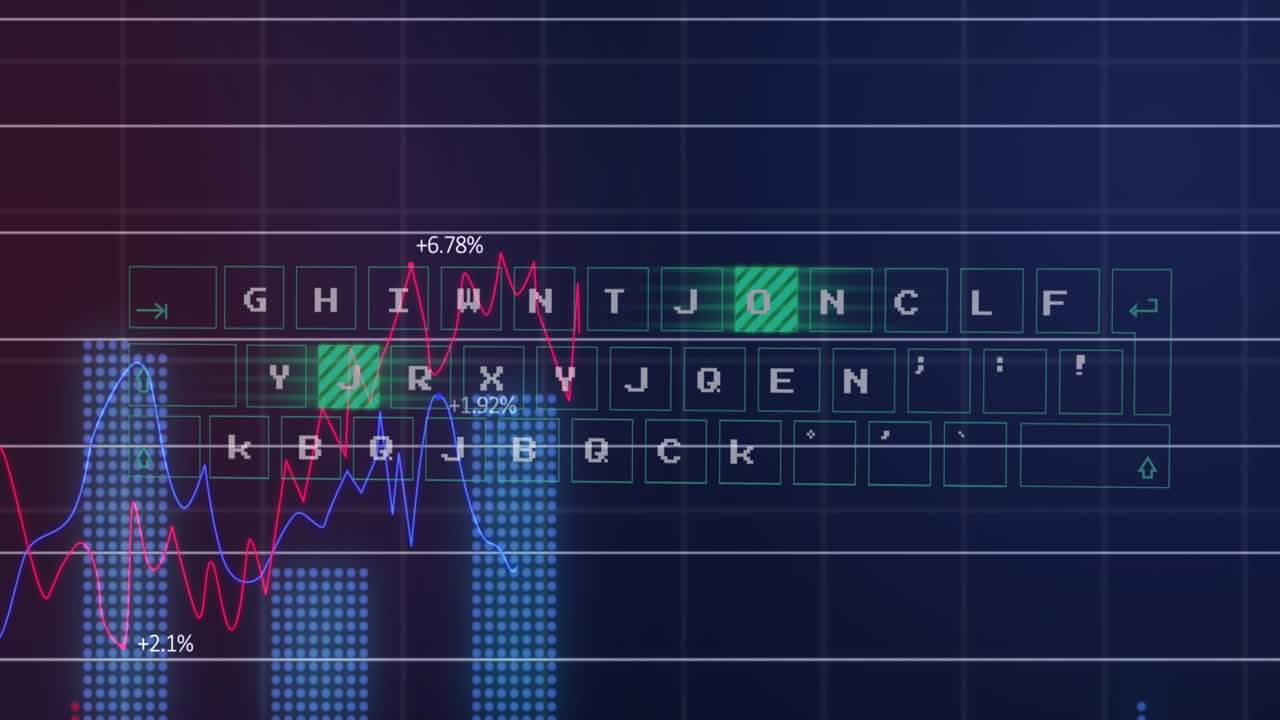 Animation of illuminated pattern moving on keyboard with multiple graphs and changing numbers