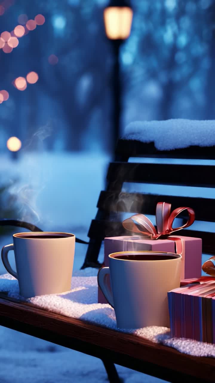 A Cozy Winter Evening Scene Featuring Two Steaming Coffee Cups on a Snow-Covered Bench Surrounded by Gifts, Soft Lighting, and a Magical Atmosphere Creating Warmth and Comfort in the Cold
