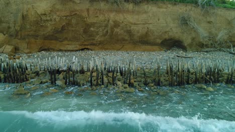 stone and wooden barrier against sea erosion on popa beach, dominican republic