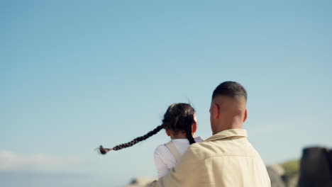 happy, father and spin child on beach