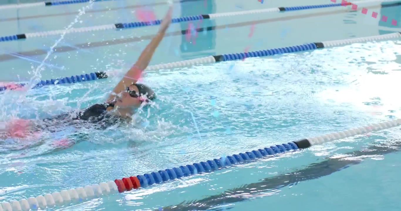 After starting lap, woman performing backstroke in fitness pool training with animated lap counter