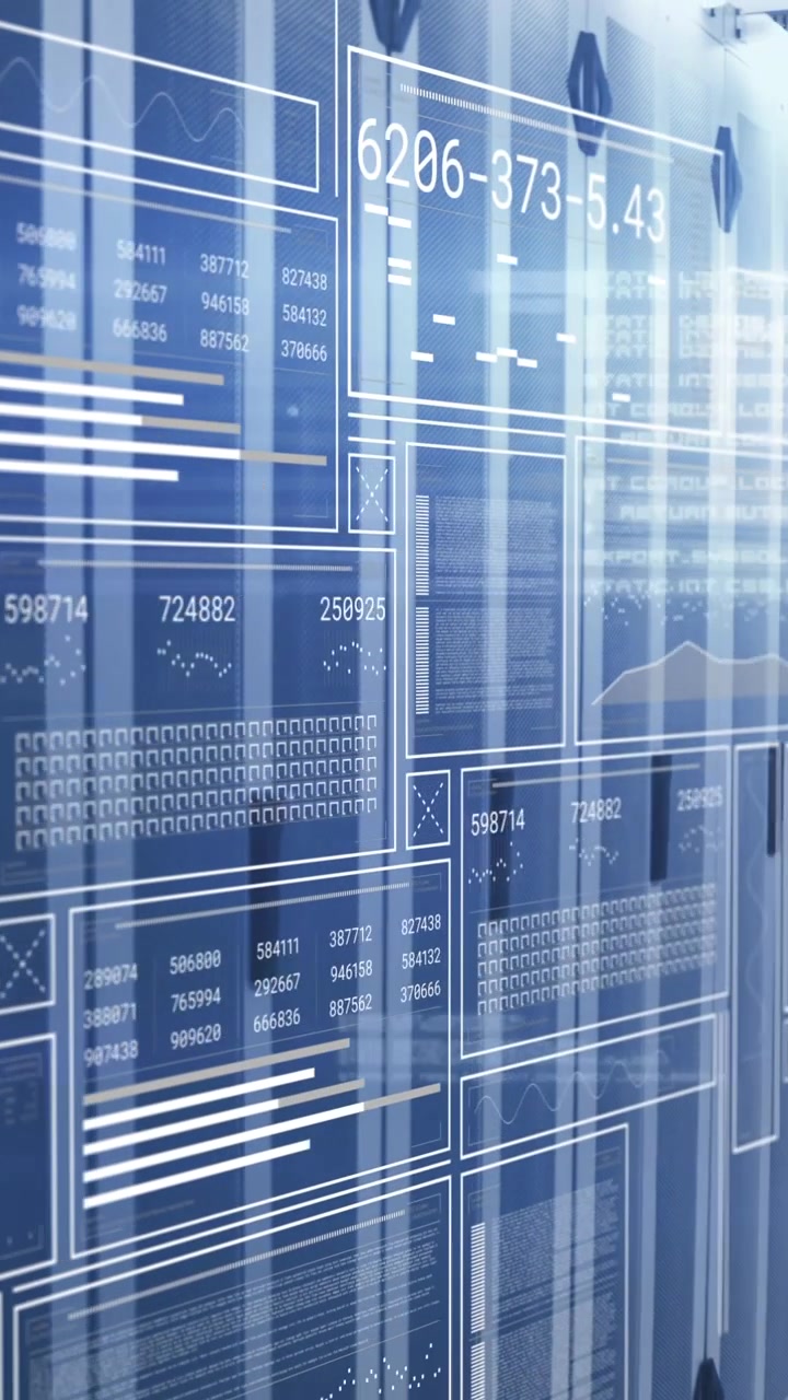 Animert digitalt datagrensesnitt overlagt på serverrack i et datasenter
