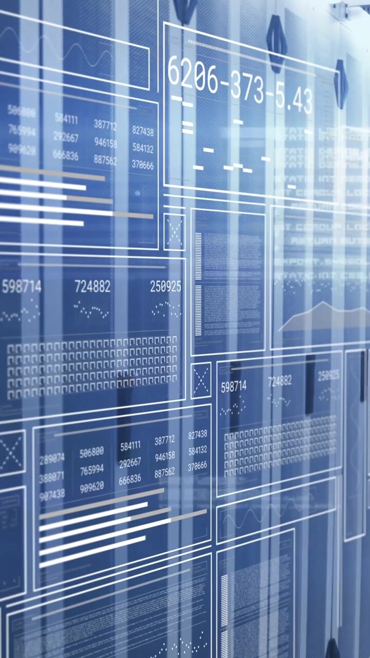 Animated Digital Data Interface Overlaid on Server Racks in a Data Center
