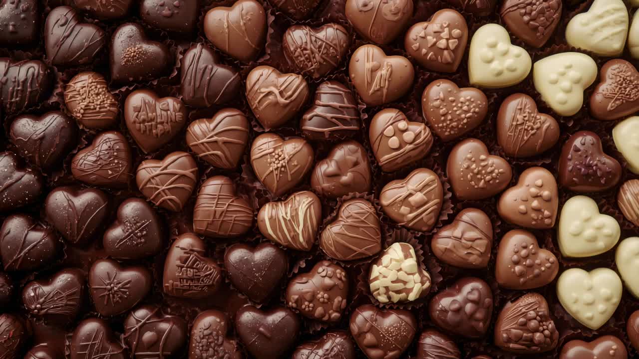 Sliding camera right, zooming out, showing dark, milk, white chocolates, exposing right-side whites