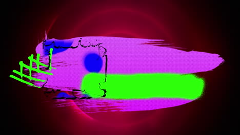 animación de manchas rosadas, verdes y azules sobre fondo rojo con círculos