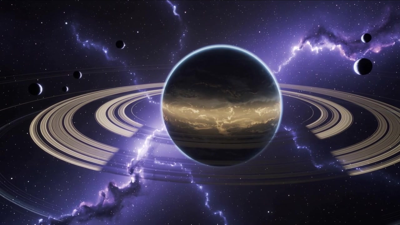 Star flare appearing, ringed planet brightening, revealing rings, moons, nebula arcs in outer space