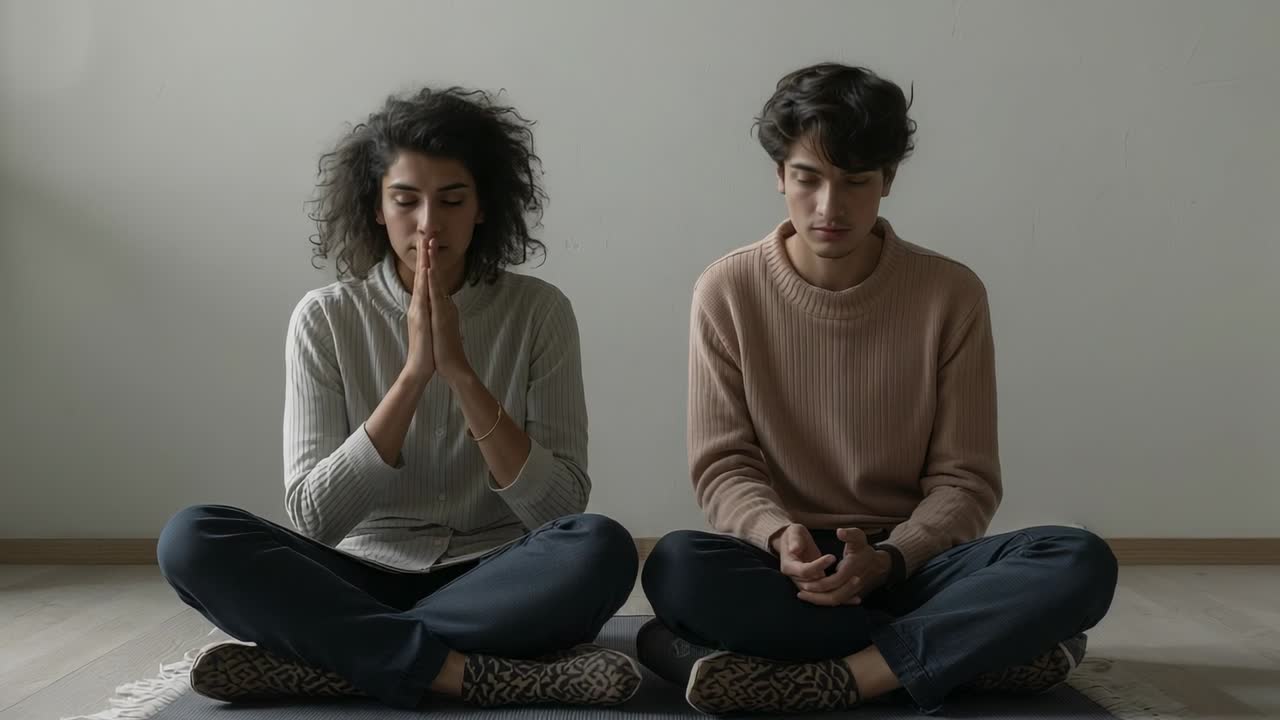 Sitting heads lowering, couple pressing palms and closing eyes, meditating on mat in sparse room