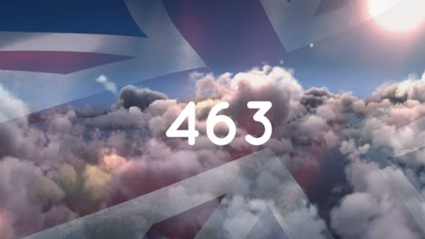 animation of numbers growing and uk flag over clouds and sky