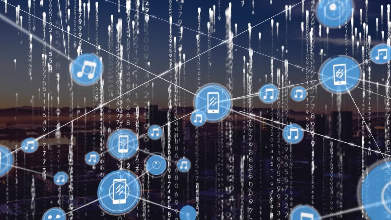 Animation of network of connections with icons over globe and network of connections