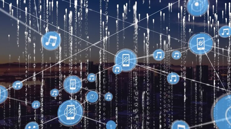Animation of network of connections with icons over globe and network of connections