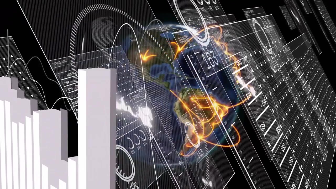 After void filling, rotating 3D globe sliding panels pulsing arcs rising chart showing data flow