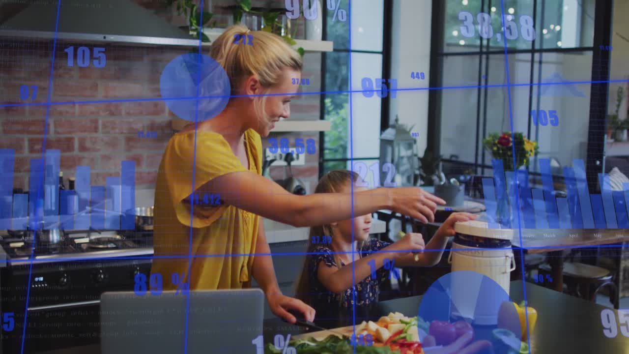 animación de gráficos, madre caucásica cortando verduras y hija poniendo sobras en el contenedor