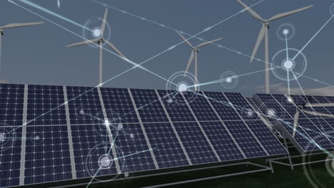 animation of network connections over solar panels and wind turbines