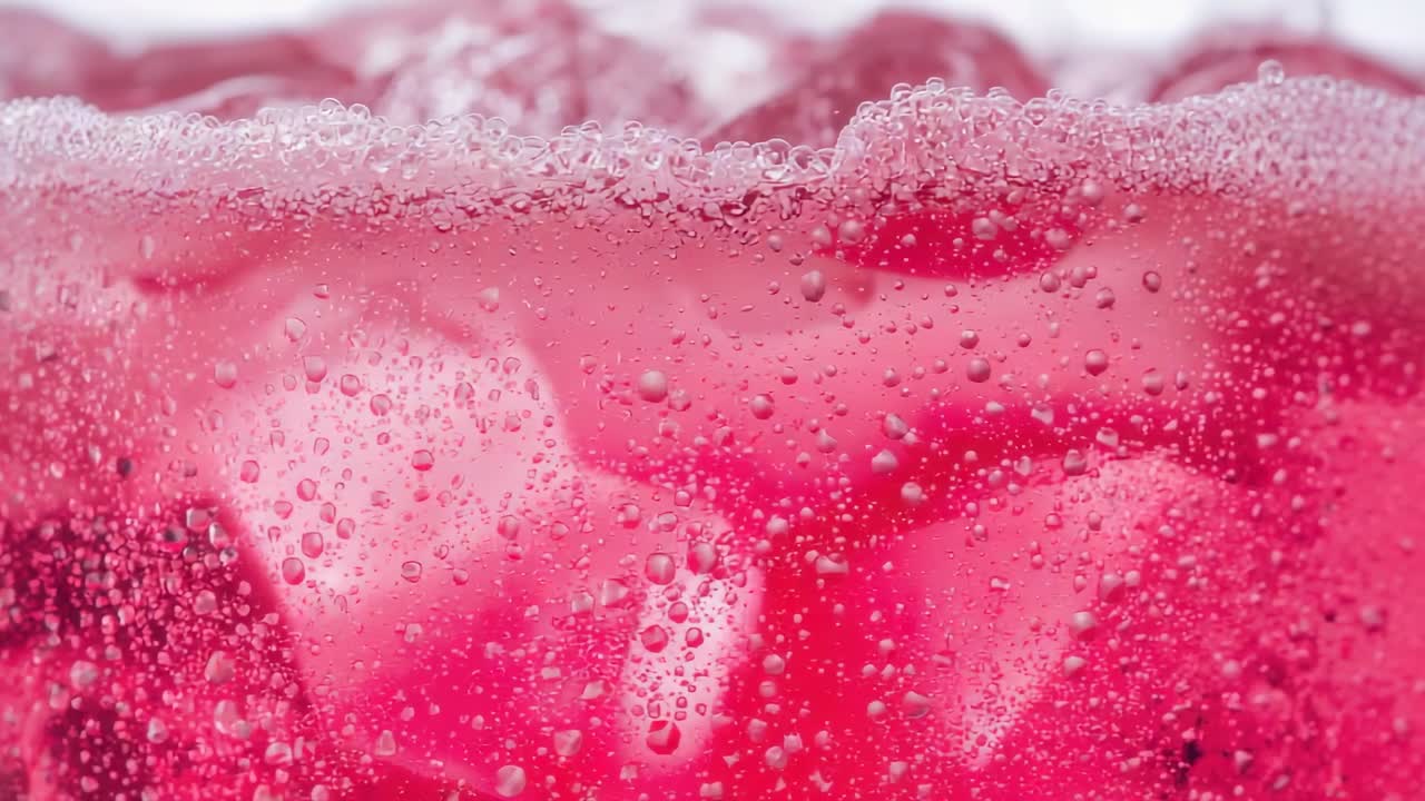 Soda rosa frizzante in un bicchiere con ghiaccio, che rilascia gas, formando bolle ascendenti e schiuma sul bordo in studio