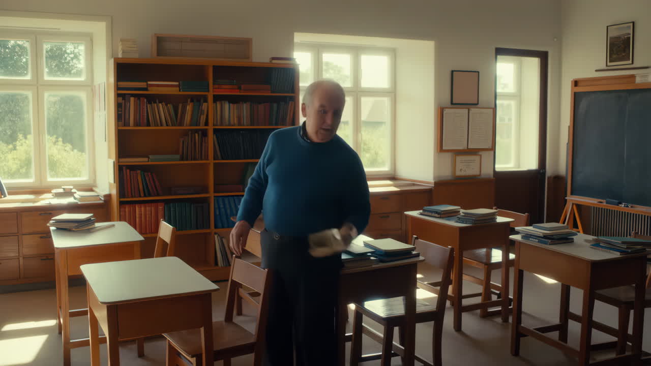 Starší muž rovnající knihy v tradiční učebně nebo knihovně