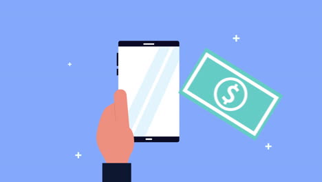 mano humana usando un teléfono inteligente con un billete de dólar