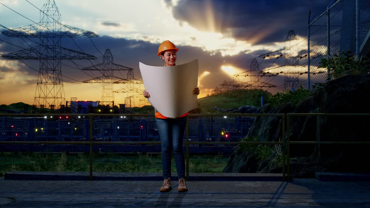 Full Body Of Asian Female Engineer With Safety Helmet Looking At Blueprint In Her Hands And Looking Around While Standing Near High Voltage Tower