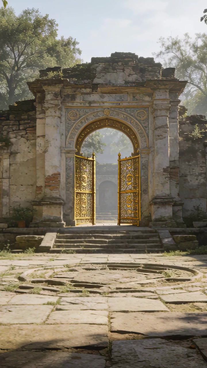 Video vertical: Puertas doradas balanceándose hacia adentro por la brisa en un arco de patio en ruinas, cerrando la vista.
