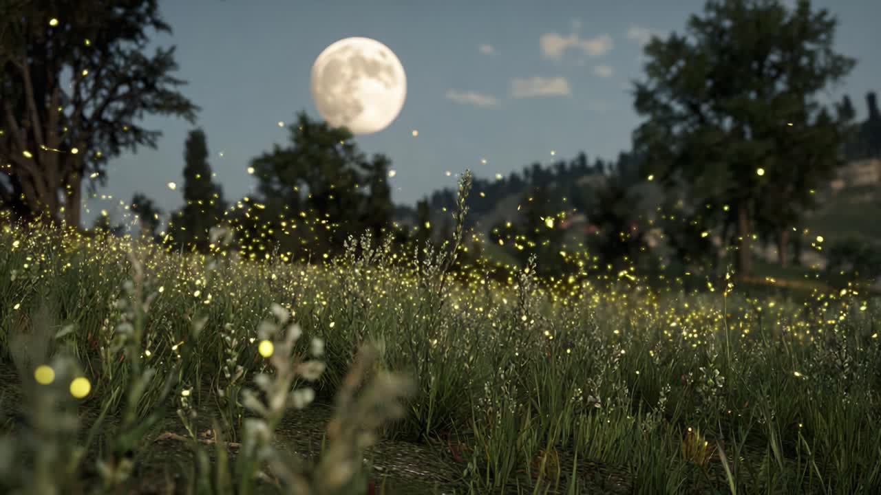 Una serena scena al chiaro di luna catturata in due frame, che mostra la bellezza delle lucciole che danzano tra i campi erbosi sotto la luna piena e luminosa