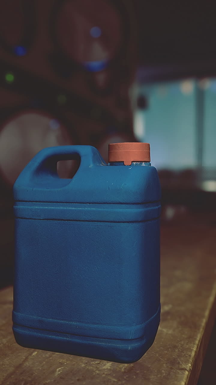 Blue container on wooden table in dimly lit laundry room at night
