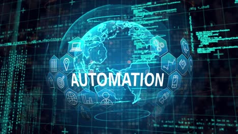 animation of automation text over globe and data processing