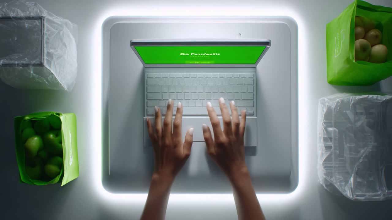 A person using a laptop surrounded by fresh produce and eco-friendly bags, demonstrating modern technology's role in everyday shopping and healthy living