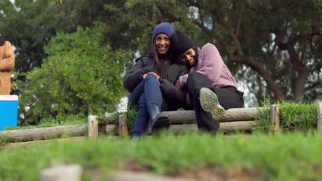 Laughing-friends,-women-or-pointing-on-camping