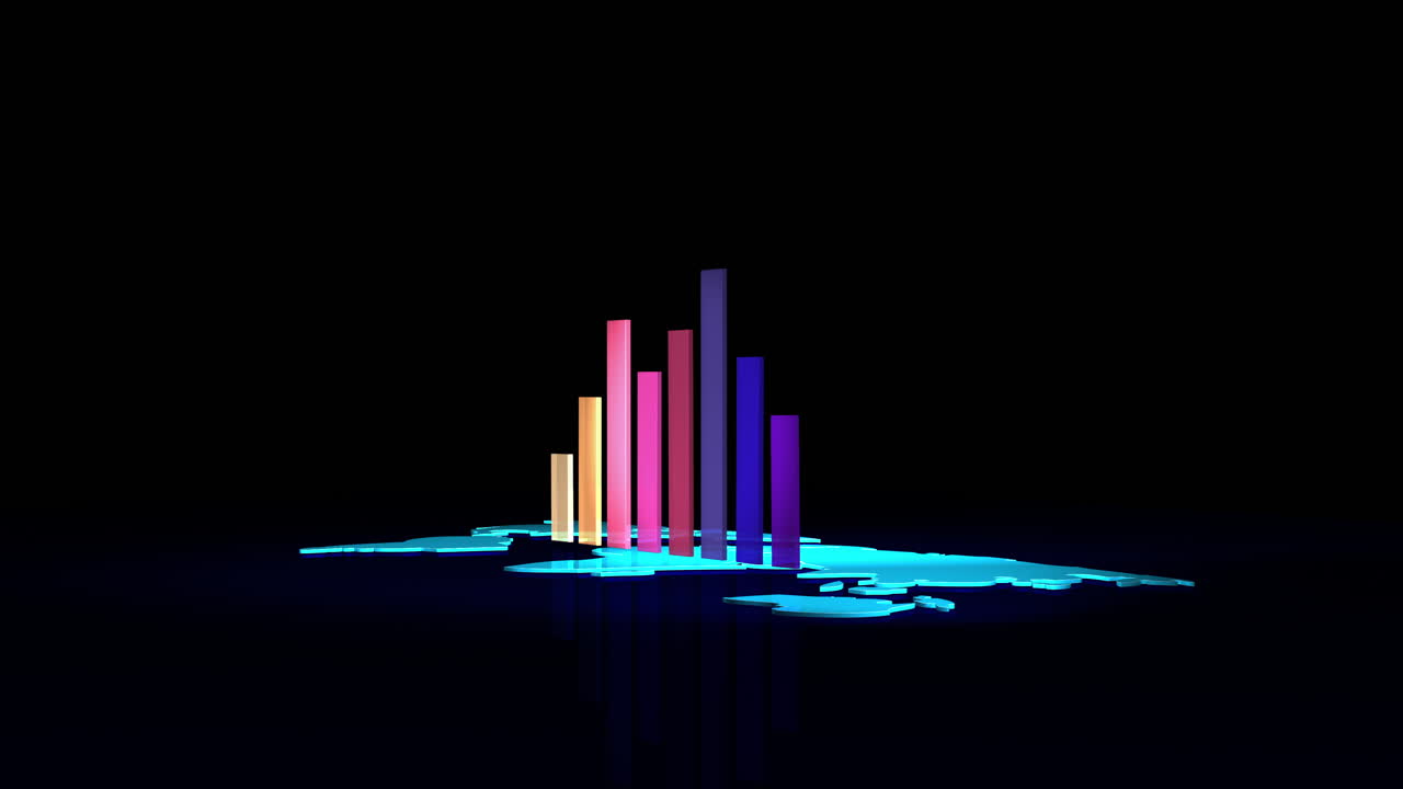 Dynamic 4K video of a colorful 3D bar chart rising from a glowing world map, rotating 360 degrees. Perfect for business, finance, global economy, data analysis, technology, and infographic projects