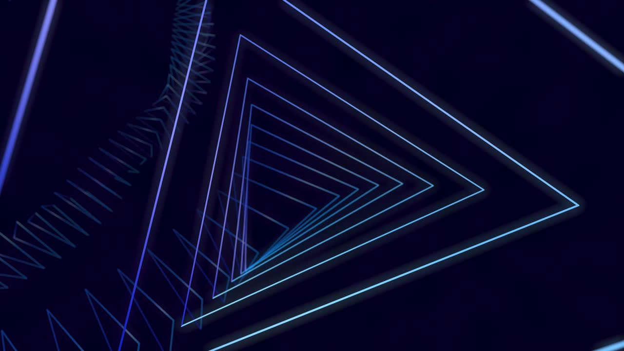animación de una cámara a través de un túnel de triángulos de neón. fondo dinámico abstracto. ilustración.
