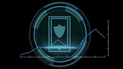 animación de gráfico sobre texto de seguridad cibernética, escudo en icono de tableta digital contra fondo negro
