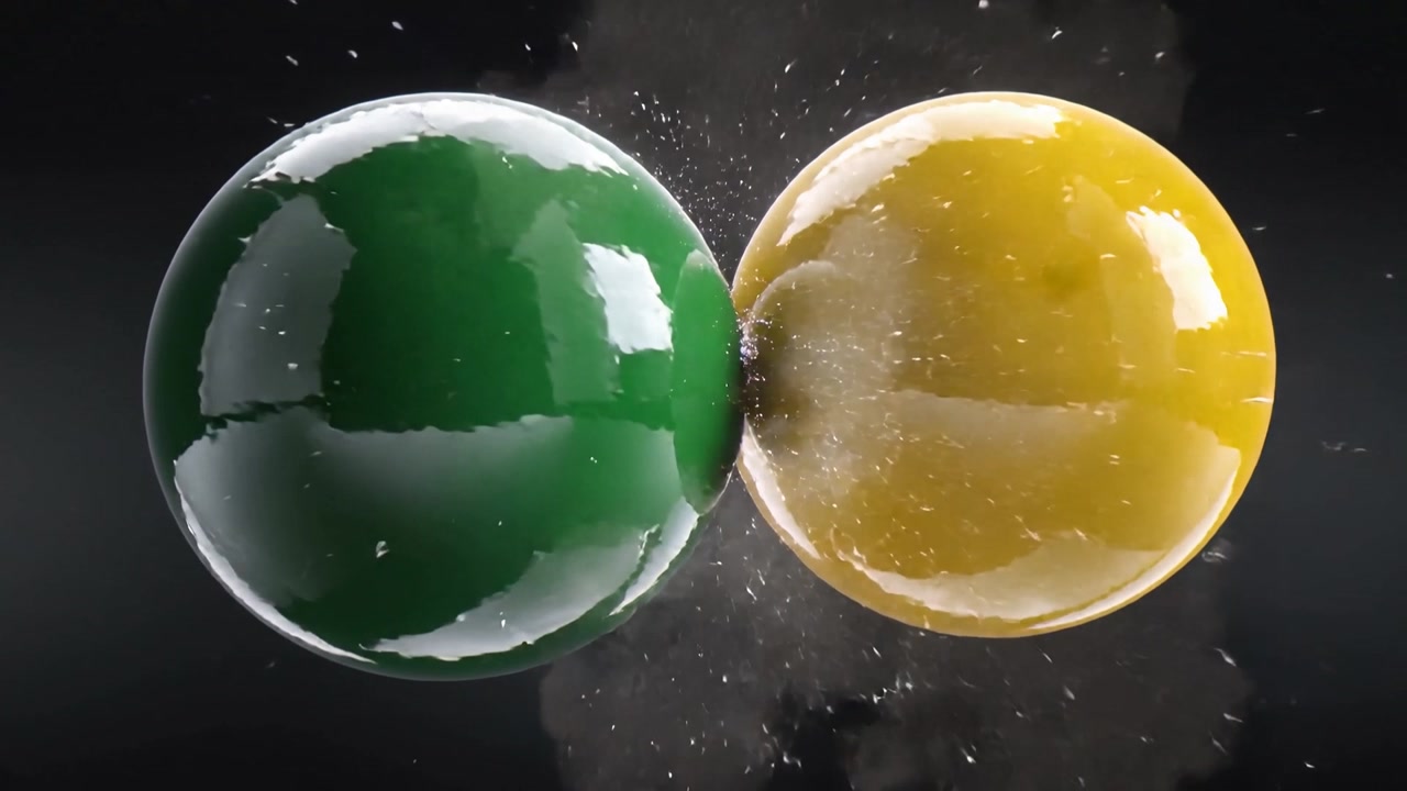 Closing green and yellow spheres touching in studio, spraying debris and forming main green orb