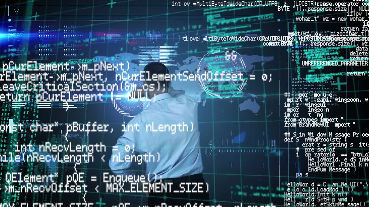 Animation of data processing over businessman using interactive screen with world map