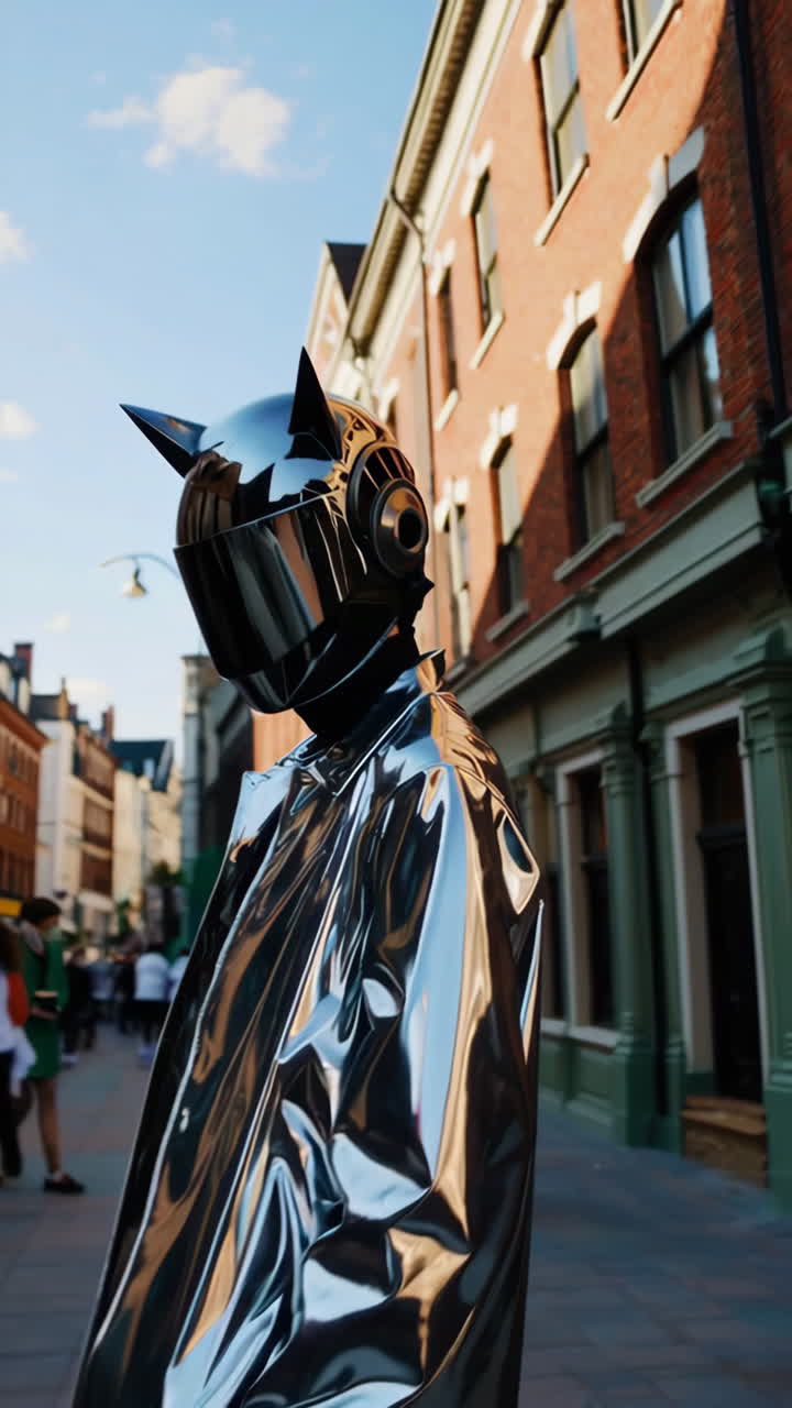 Person in a Reflective Futuristic Outfit and Cat-Eared Helmet on an Urban Street