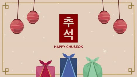 feliz chuseok letras con regalo y lámparas