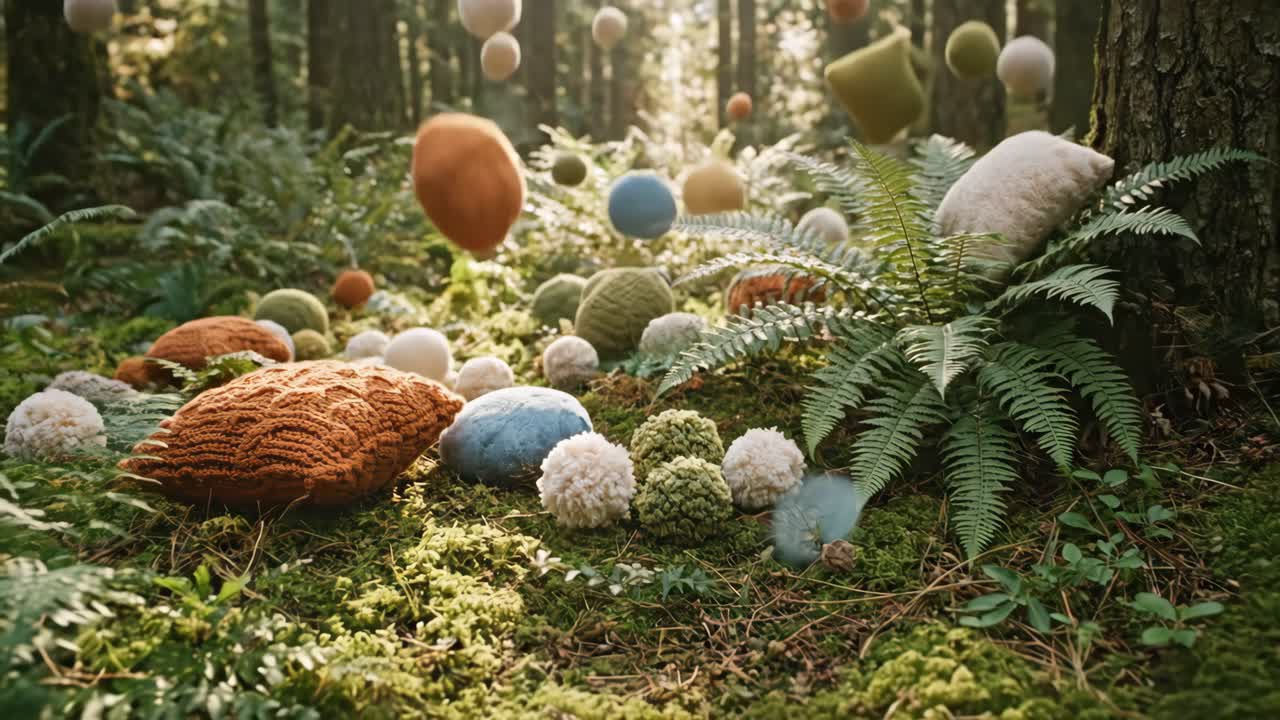 Soft Knitted Objects and Pom-Poms Falling into a Forest