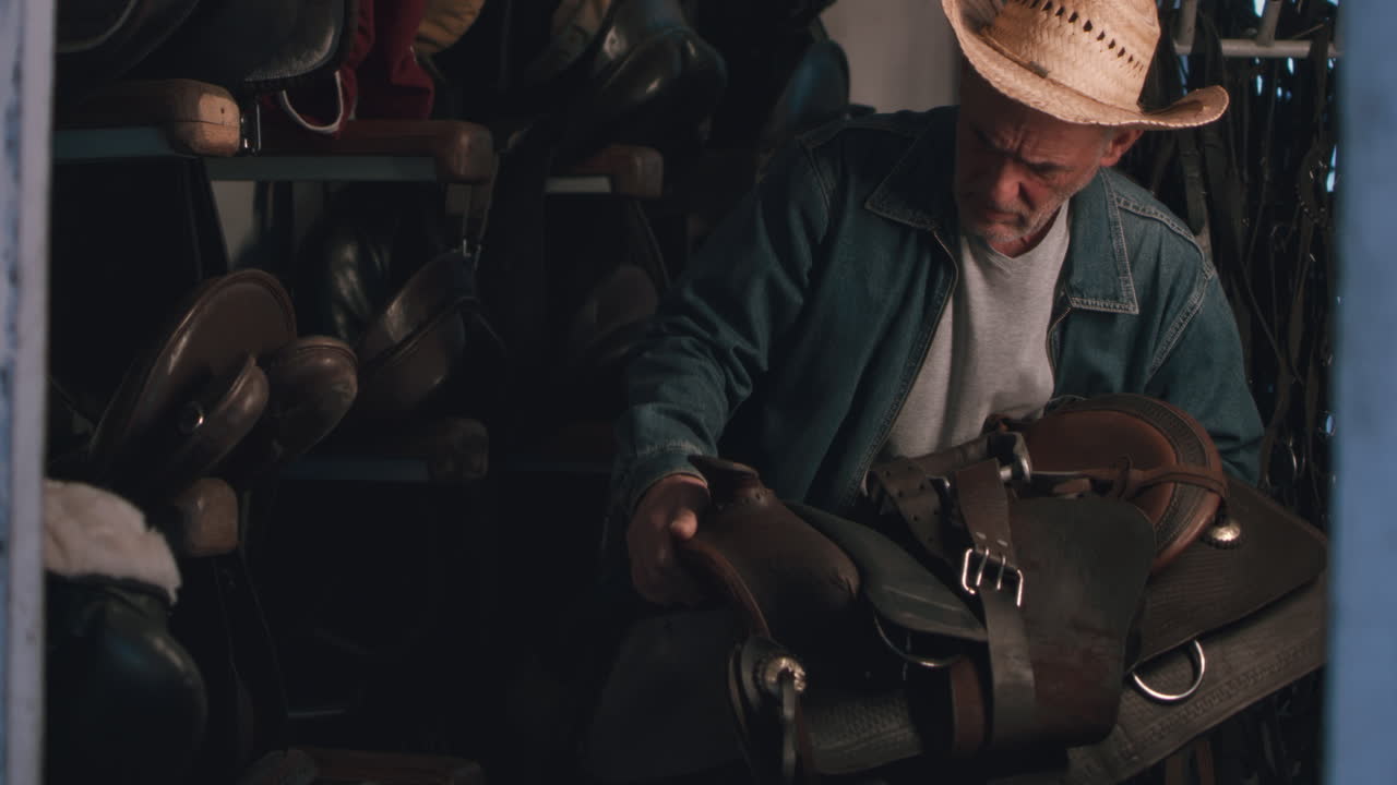 Old Man Inspecting Saddles in a Dusty Stable