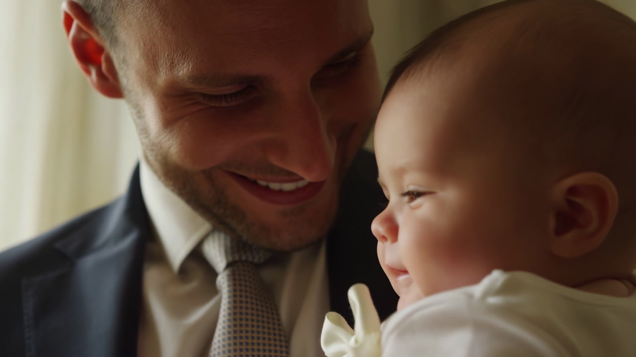 Caucasian Father Businessman Holds Smiling Newborn, Intimate Sunlit Indoor Scene Near Curtain, Father Cradles