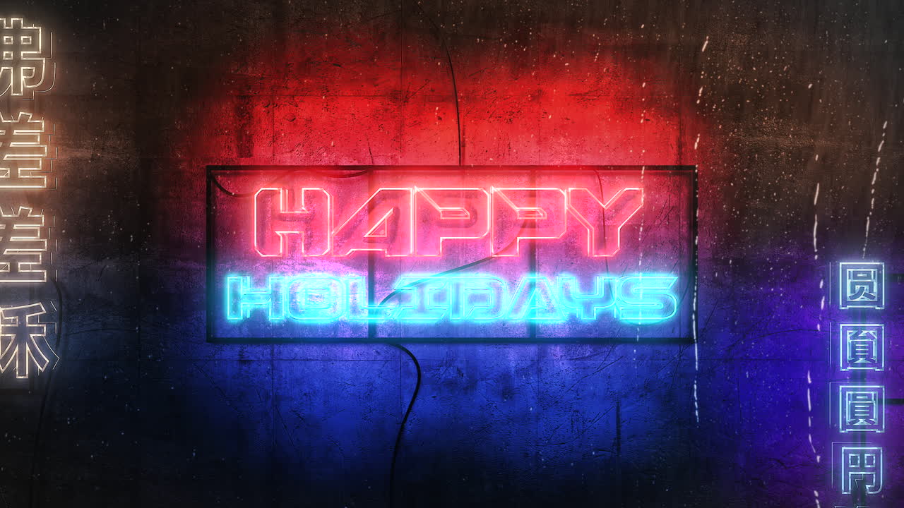 felices fiestas con luz de neón cyberpunk en la pared en la ciudad de japón