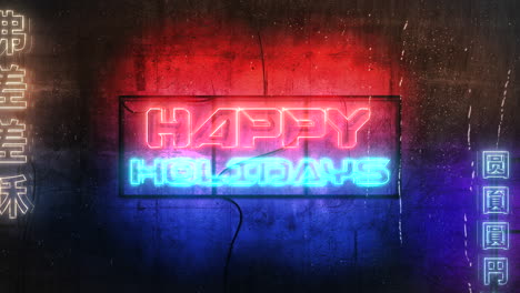 happy holidays with cyberpunk neon light on wall in japan city