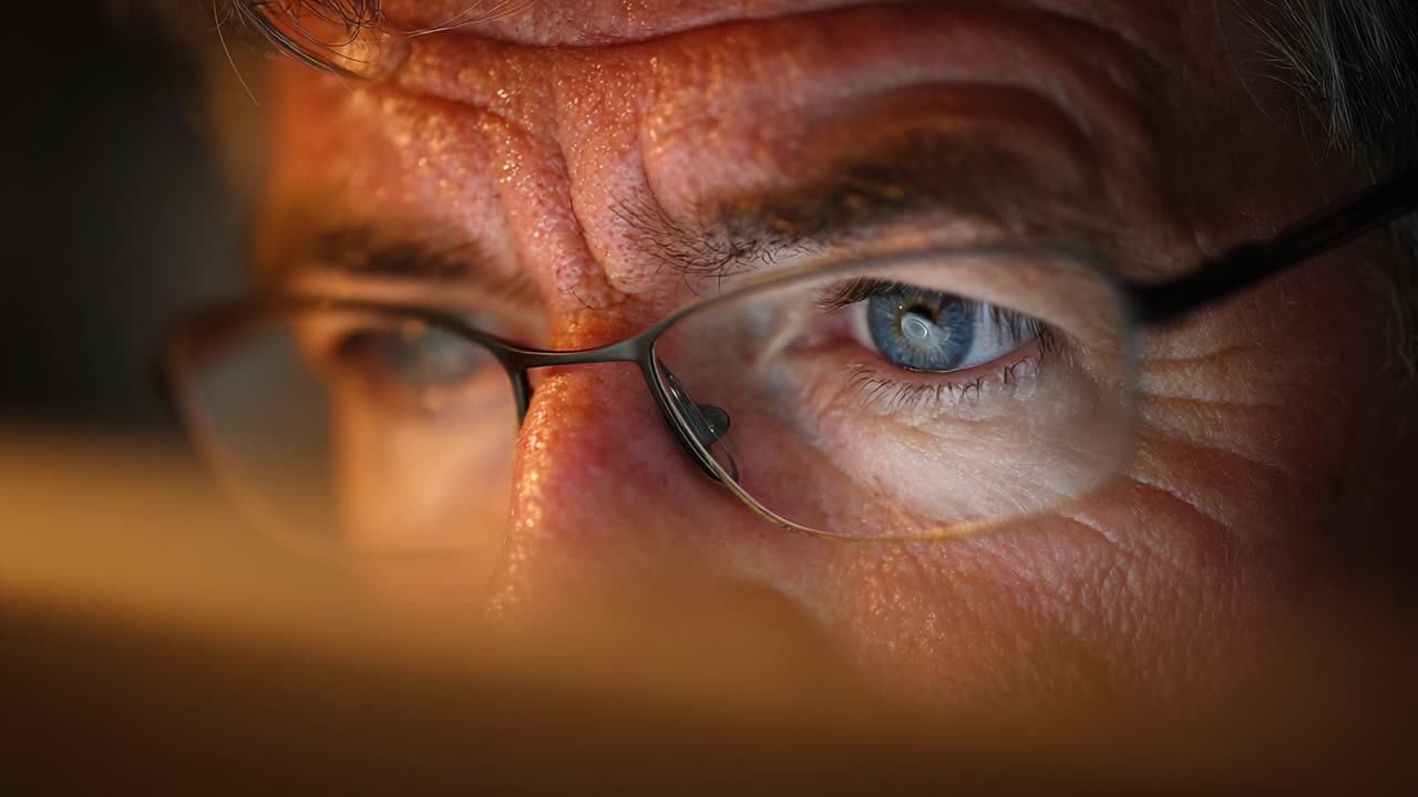 Focused Intensity: A Close-Up of an Individual's Eyes Reflecting Concentration and Engagement in a Task Under Dim Lighting