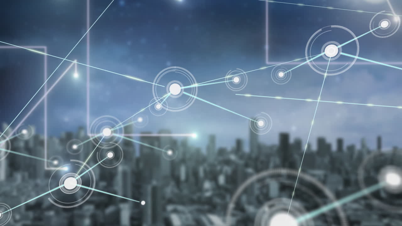 도시 풍경 위의 아이콘으로 연결된 네트워크의 애니메이션