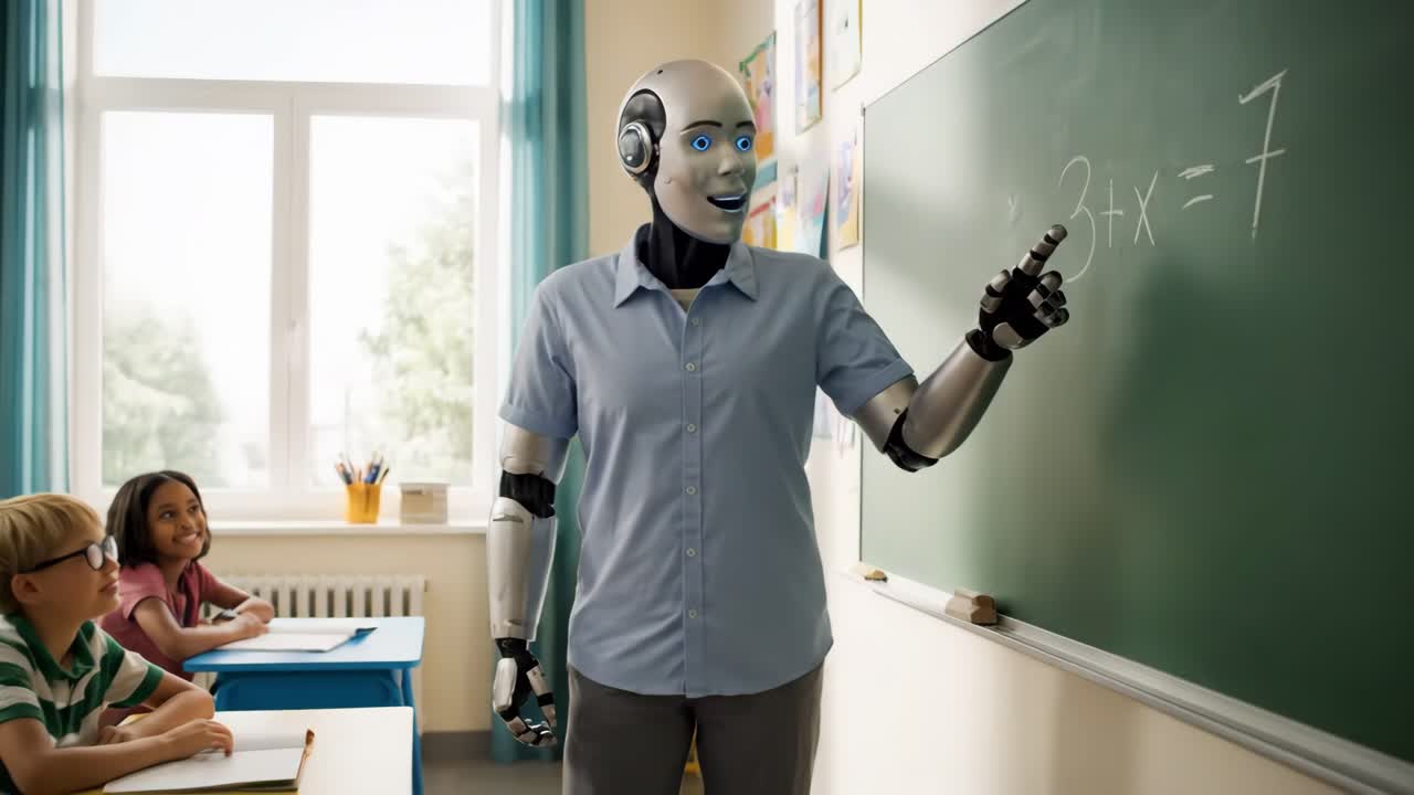 Humanoid robot teaching math in a classroom to elementary school students, innovative education and artificial intelligence concept