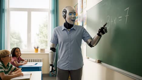 humanoid robot teaching math in a classroom to elementary school students, innovative education and artificial intelligence concept