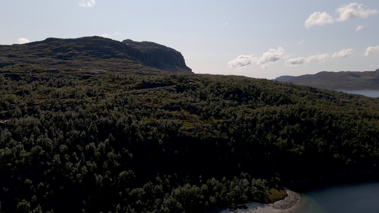 Daylight drone flight along alpine landscape with lake and beach