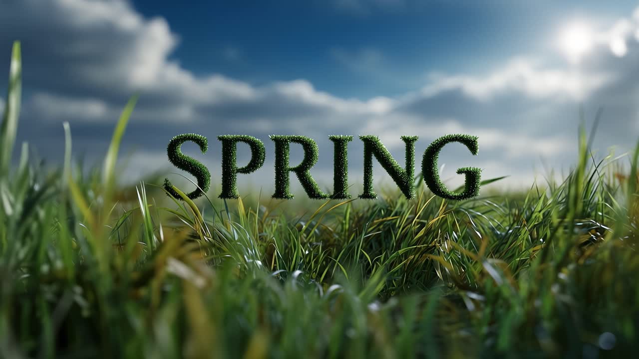 Spring grass whispers beneath a cloudy sky. Bright green letters pulse with nature's rebirth. Sunlight breaks through distant clouds. The world wakes after winter's hush